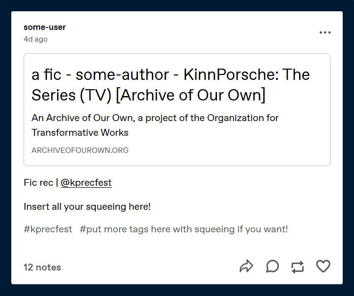 Tumblr post with an ao3 link reading "Fic rec | @kprecfest, insert all your squeeling here!" and tagged # kprecfest #put more tags here with squeeling if you want!