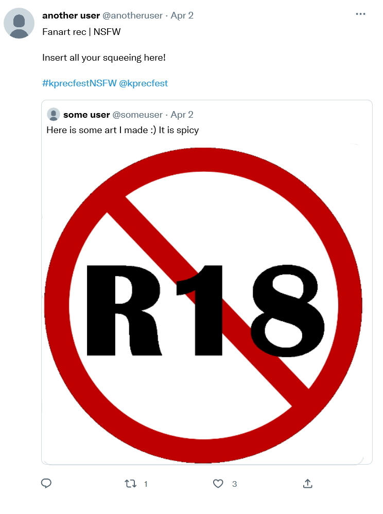 Twitter quoted retweet reading "Fic rec | rated: E, insert all your squeeling here!" tagged #kprecfest and @kprecfest". The original tweet is a censored 18+ image.