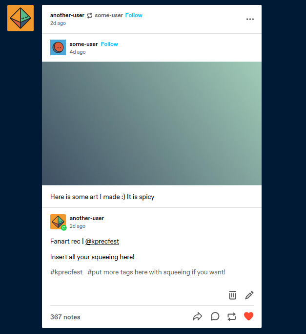 Tumblr post of an image that has been reblogged. The reblog reads "Fanart rec | @kprecfest insert all your squeeling here! and is tagged #kprecfest #put more tags here with squeeling if you want!