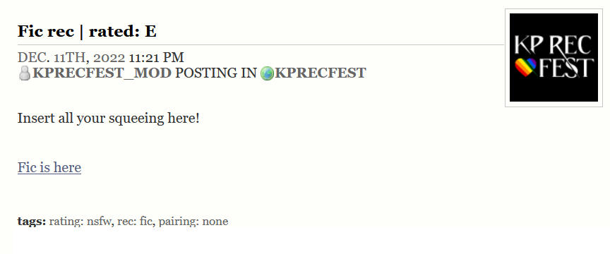 Twitter quoted retweet reading "Fic rec | rated: E, insert all your squeeling here!" tagged #kprecfest and @kprecfest". The original tweet is a censored 18+ image.