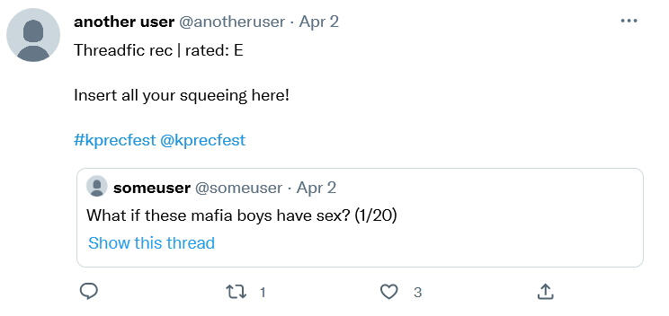 Twitter quoted retweet reading "Fic rec | rated: E, insert all your squeeling here!" tagged #kprecfest and @kprecfest". The original tweet reads "what if these mafia boys have sex? (1/20)